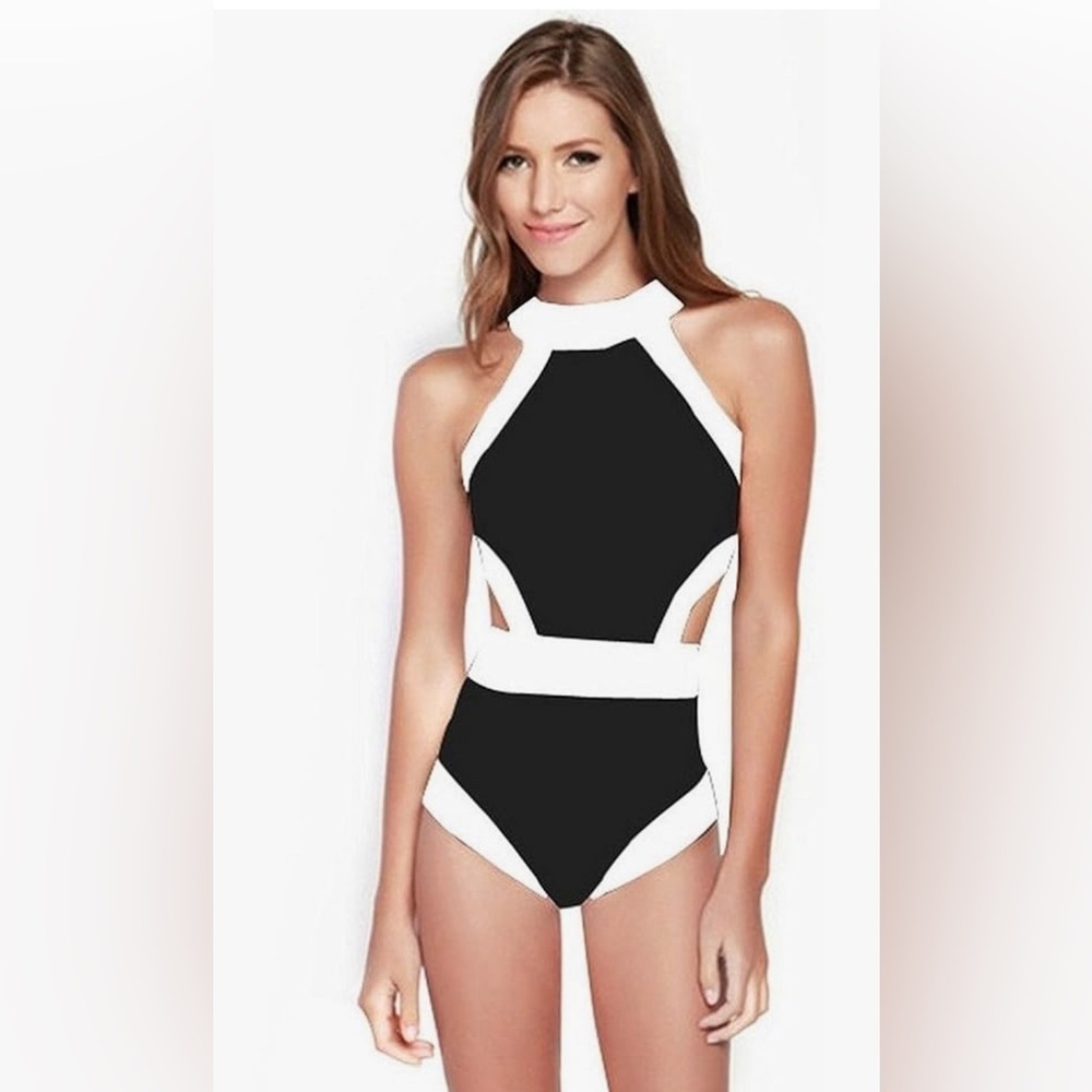 NWT Lukitty black white colorblock high neck one piece cutout swimsuit size S M